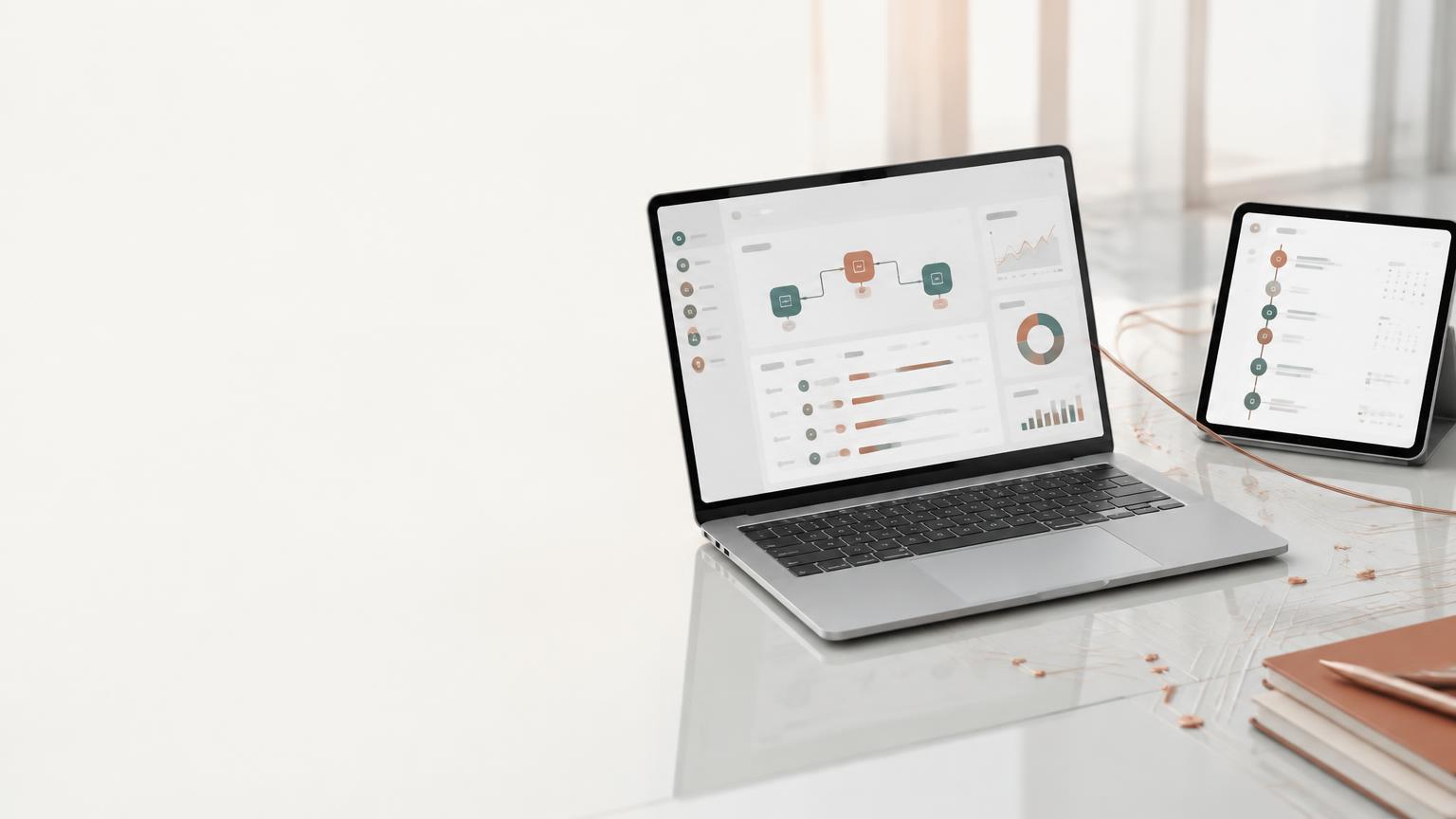 Connected workflow screens on a laptop and tablet, joined by a copper thread